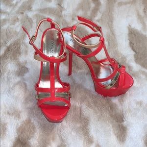 Shoedazzle platform stiletto heels coral and gold